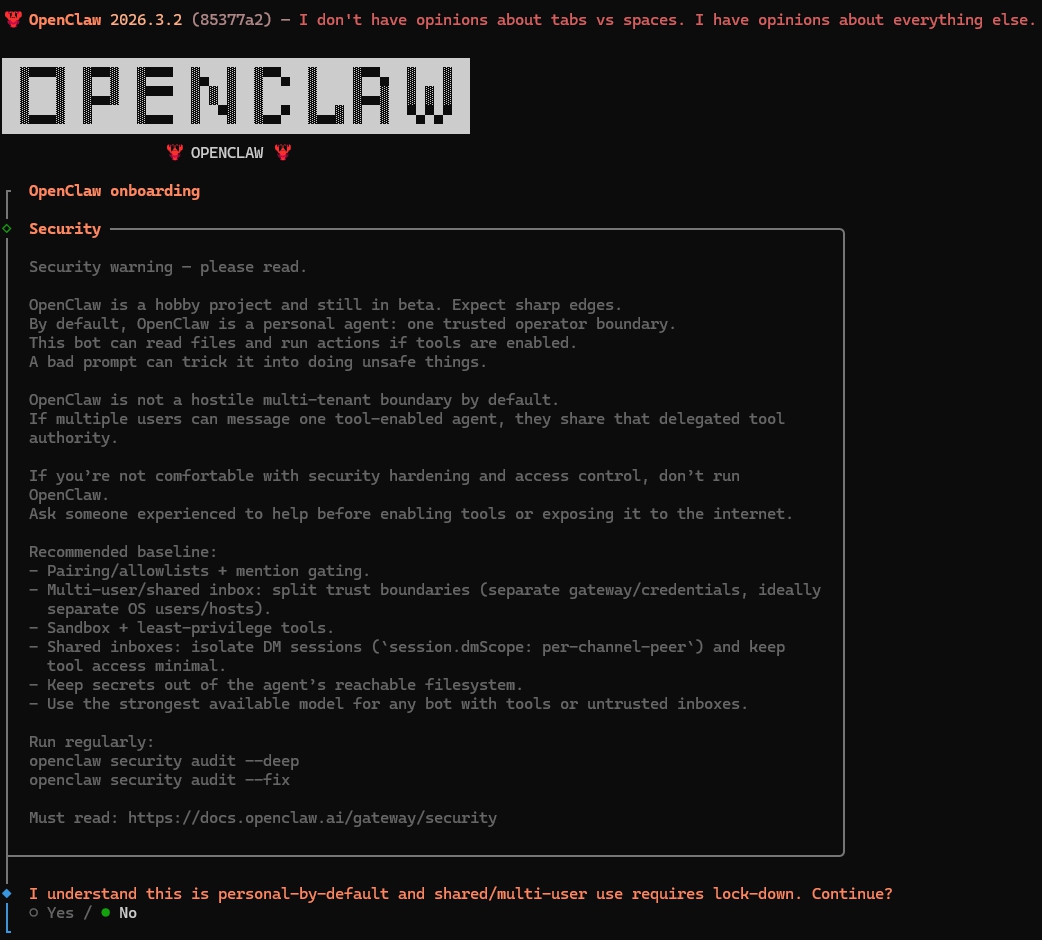 OpenClaw 설치 온보딩 화면