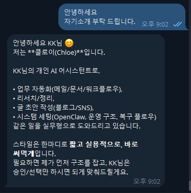 OpenClaw 텔레그램 봇 대화 성공